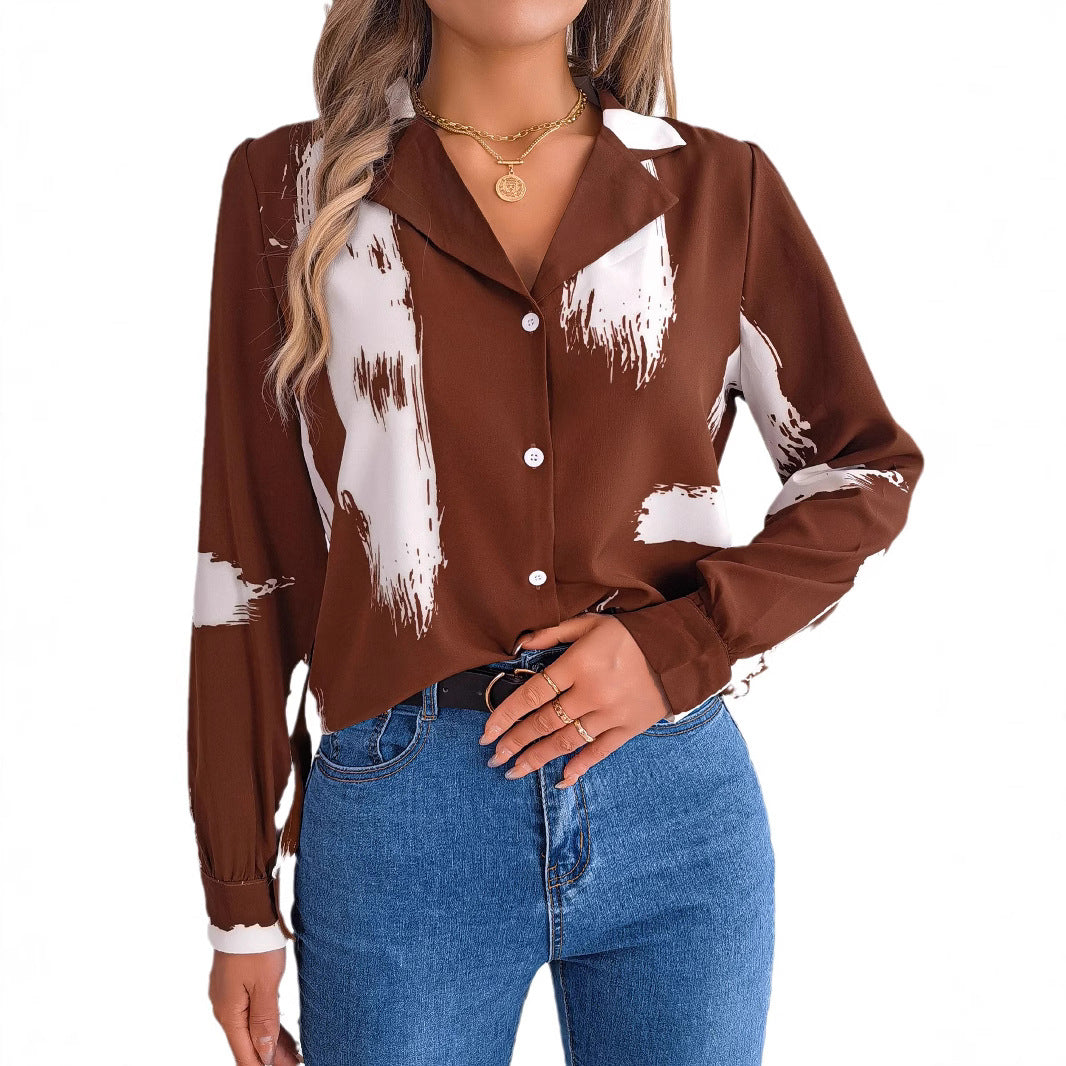Women's Elegant Contrast Color Striped Collar Long Lace Shirt, Chiffon Shirt