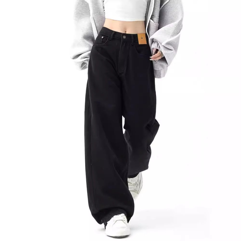 American High Street Black Straight Draping Autumn Waist Loose Leisure Jeans