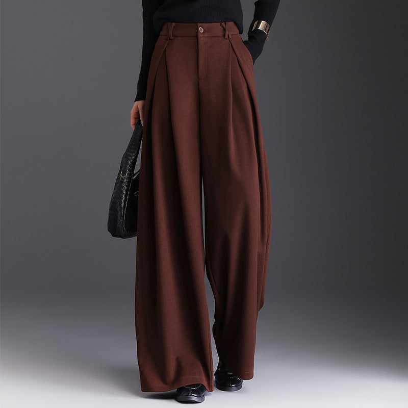 Women's Woolen High Waist Commuter Loose Cover Wide Leg Draping Casual Pants