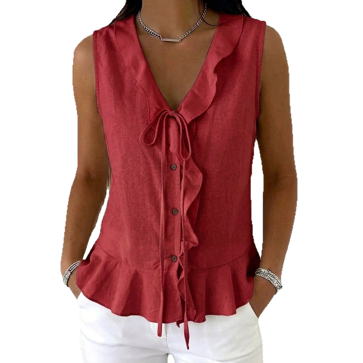 Women's Collar Ruffled Tied Sleeveless Hem Ruffles Women's T-shirt
