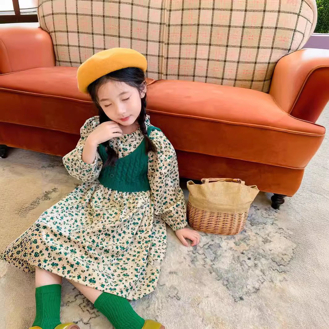 Autumn Korean Style Floral Skirt Wool Vest Two-piece Children's Dress