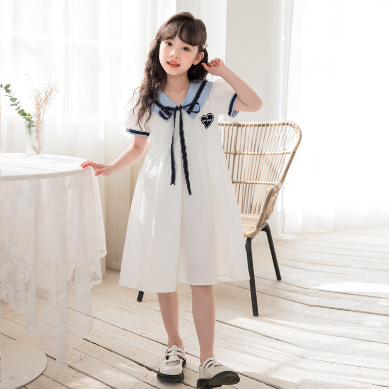 Children's Princess White Lapel Medium Large Dresses Children's Dress