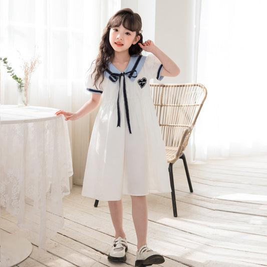 Children's Princess White Lapel Medium Large Dresses Children's Dress