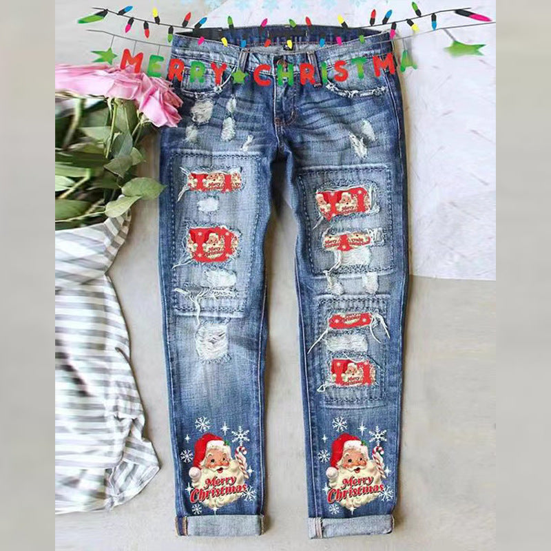 Women's Fashion Holes Printed Patch Straight Jeans