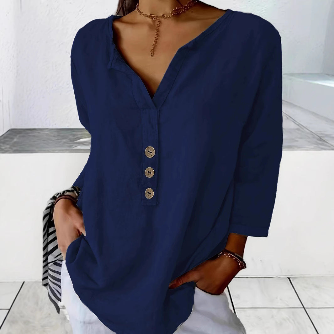 Fashion Ladies Solid Color Notched Collar Shirt Blouse