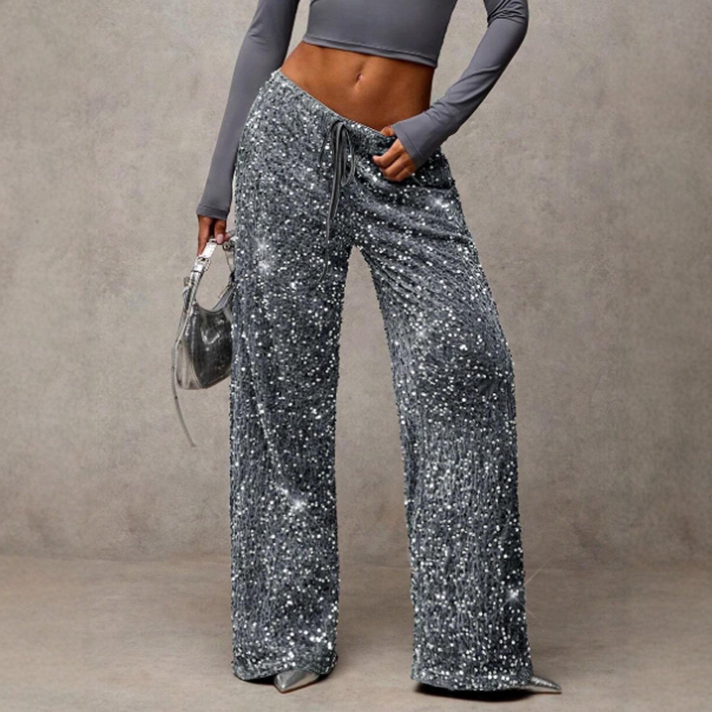 Loose Sequin Sequined Waist Strap Trousers Casual Pants
