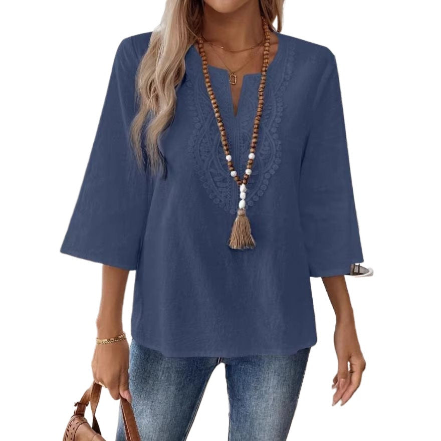 Women's Shirt Lace Trim Solid Color White Blue Blouse