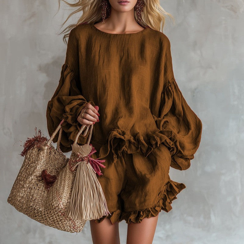 Women's Loose Bishop Sleeves Ruffled Two-piece Set Shorts