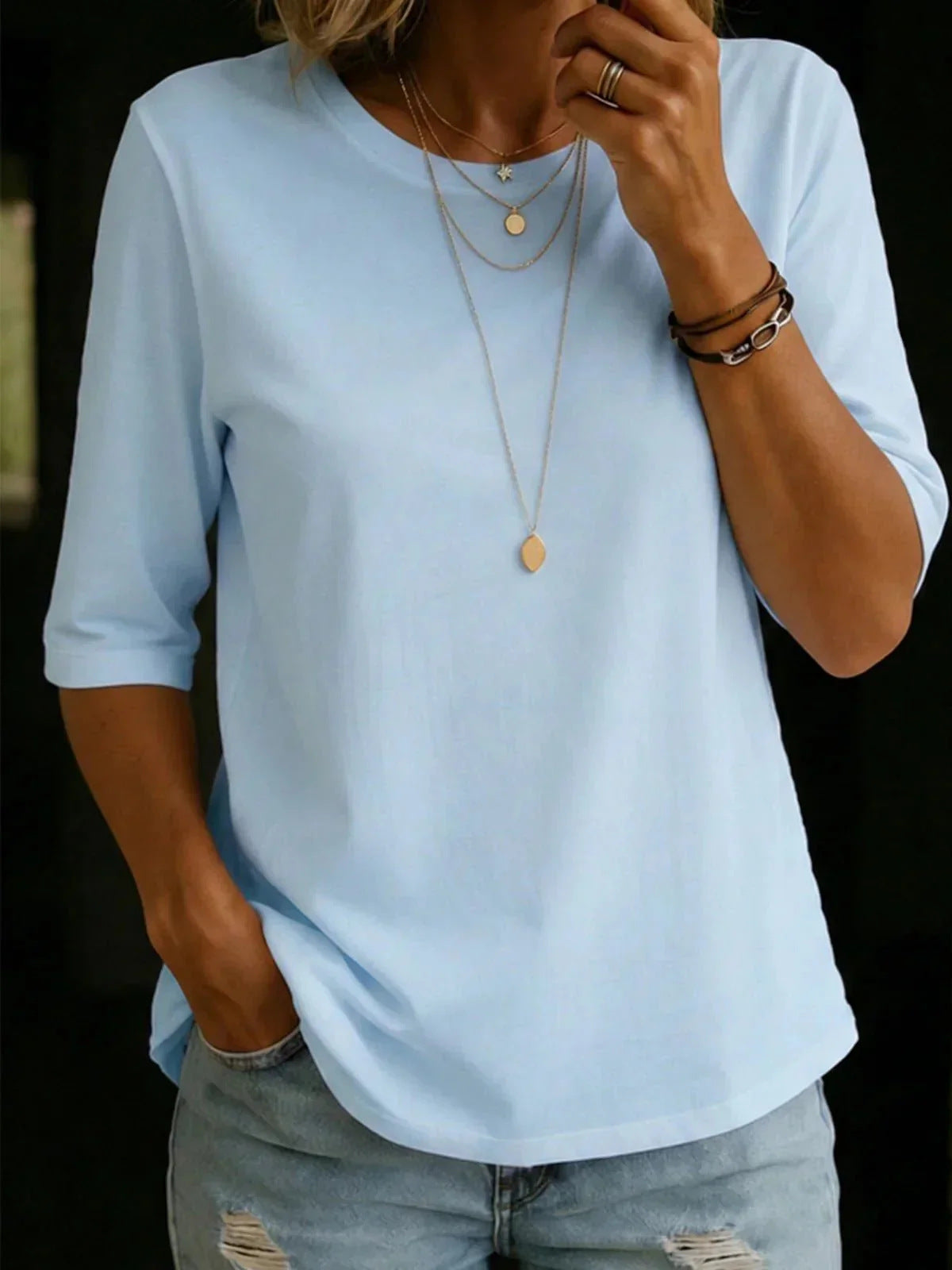 Women's Casual Round Neck Shoulder Half Sleeve Women's T-shirt