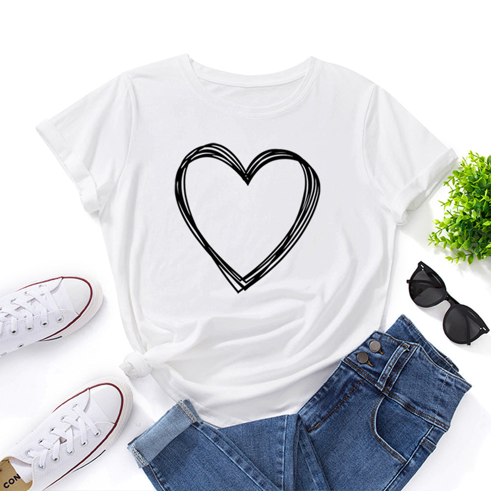 Women's Creative Heart Printed Loose Round Neck Women's T-shirt