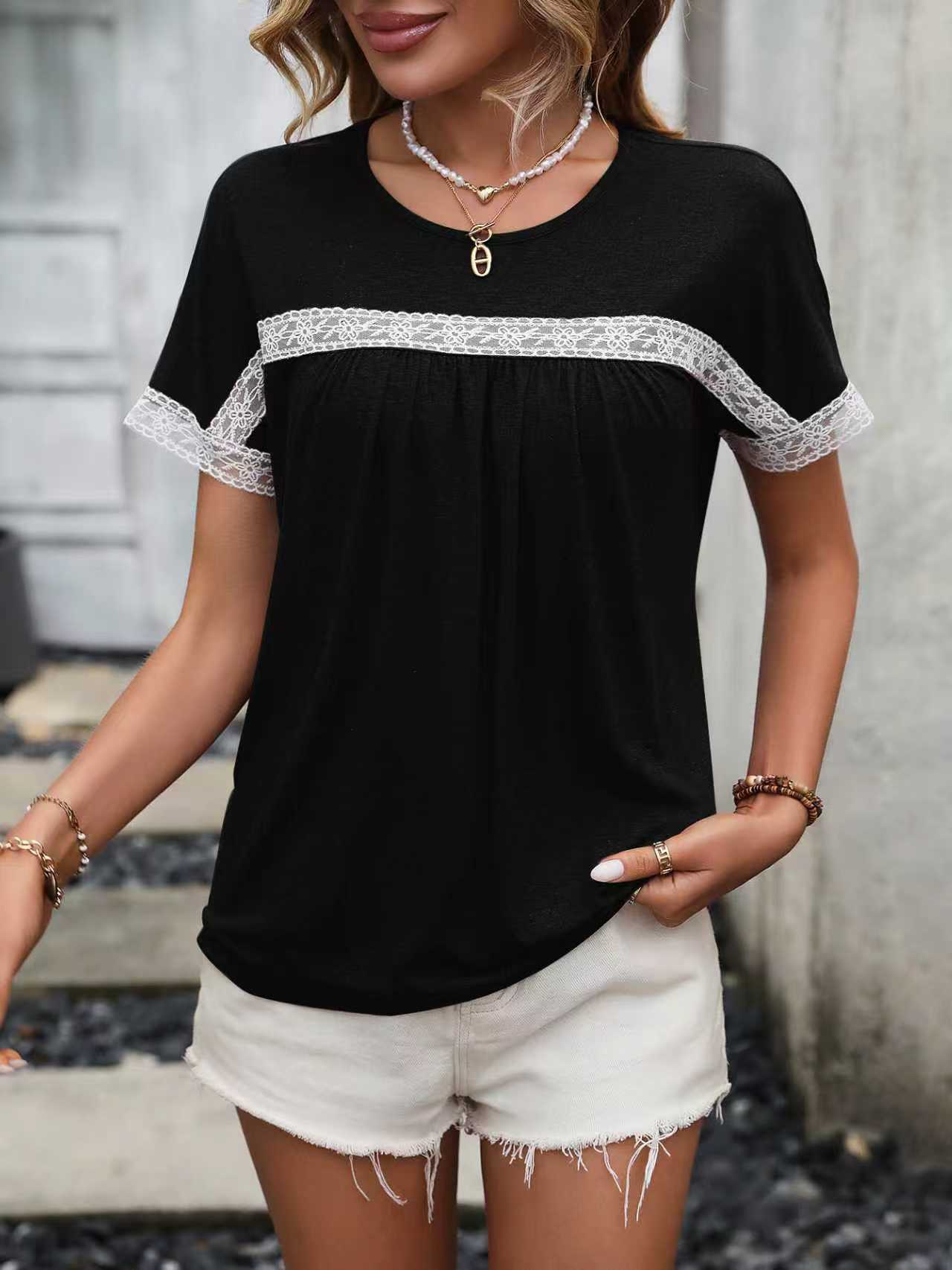 Women's Round Neck Lace Patchwork Short-sleeved Women's T-shirt
