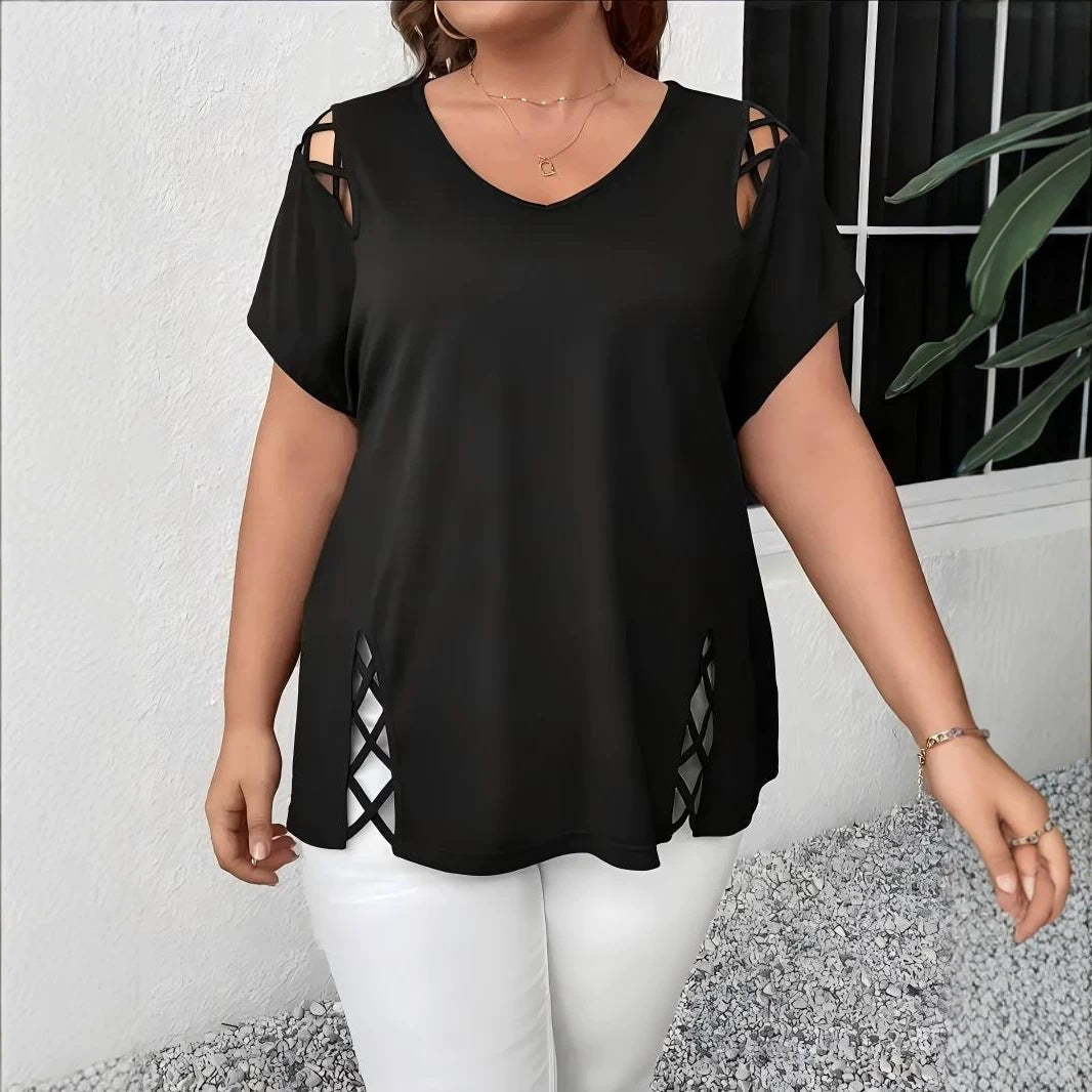Women's Summer Casual Short-sleeved Shoulder Side Cross Large Size T-shirt