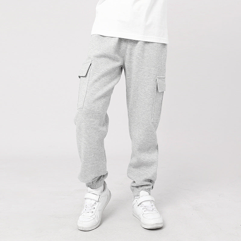 Korean Style Boys Medium Big Solid Color Sports Overalls Female Children's Pants