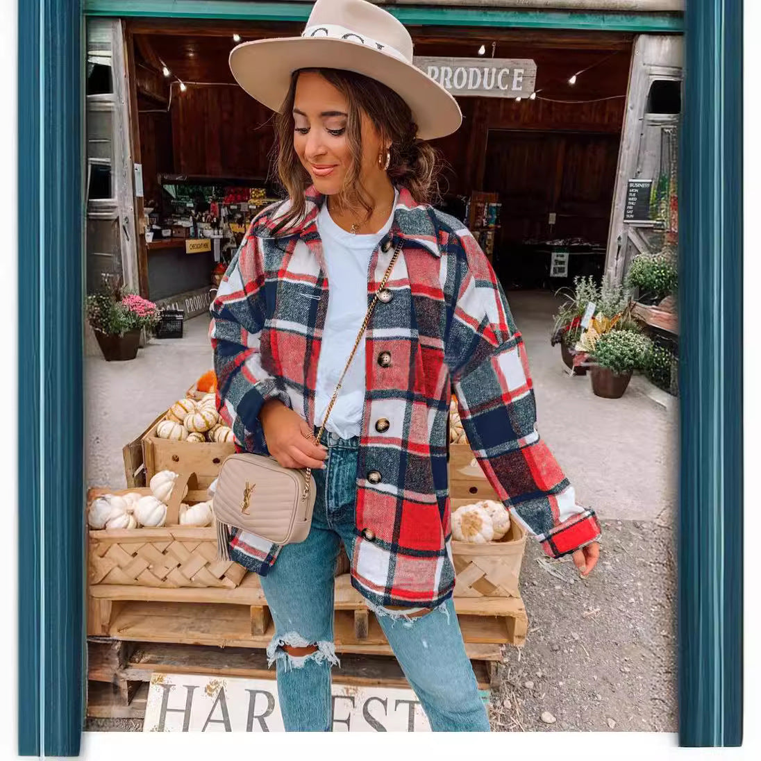 Women's Long Sleeve Lapel Loose Plaid Shirt Coats