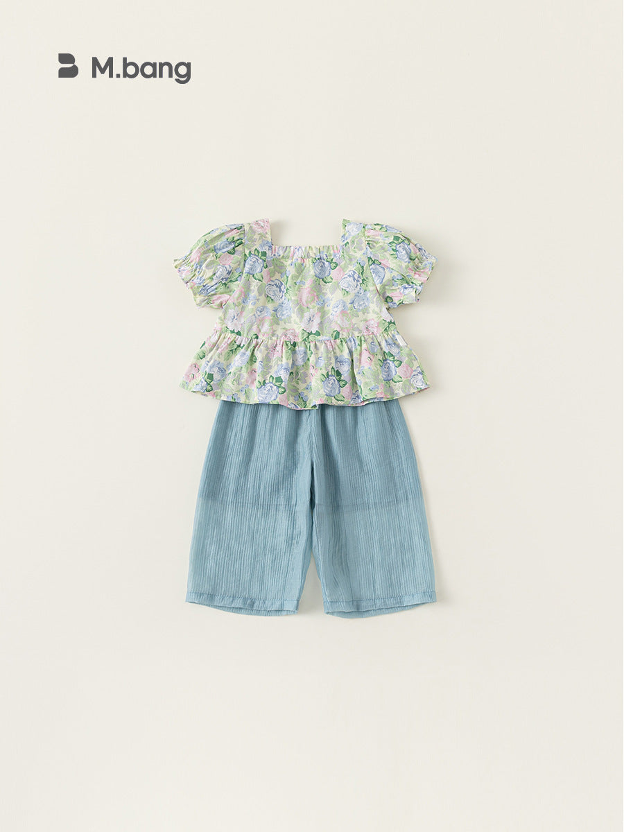 Children's Summer Dress Puff Sleeve Top Pants Clothes Children's Suit