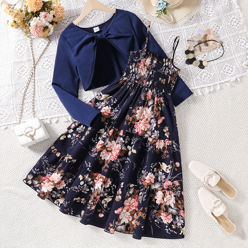 Children's Older Clothing Spring Sweet Floral Suspender Children's Suit