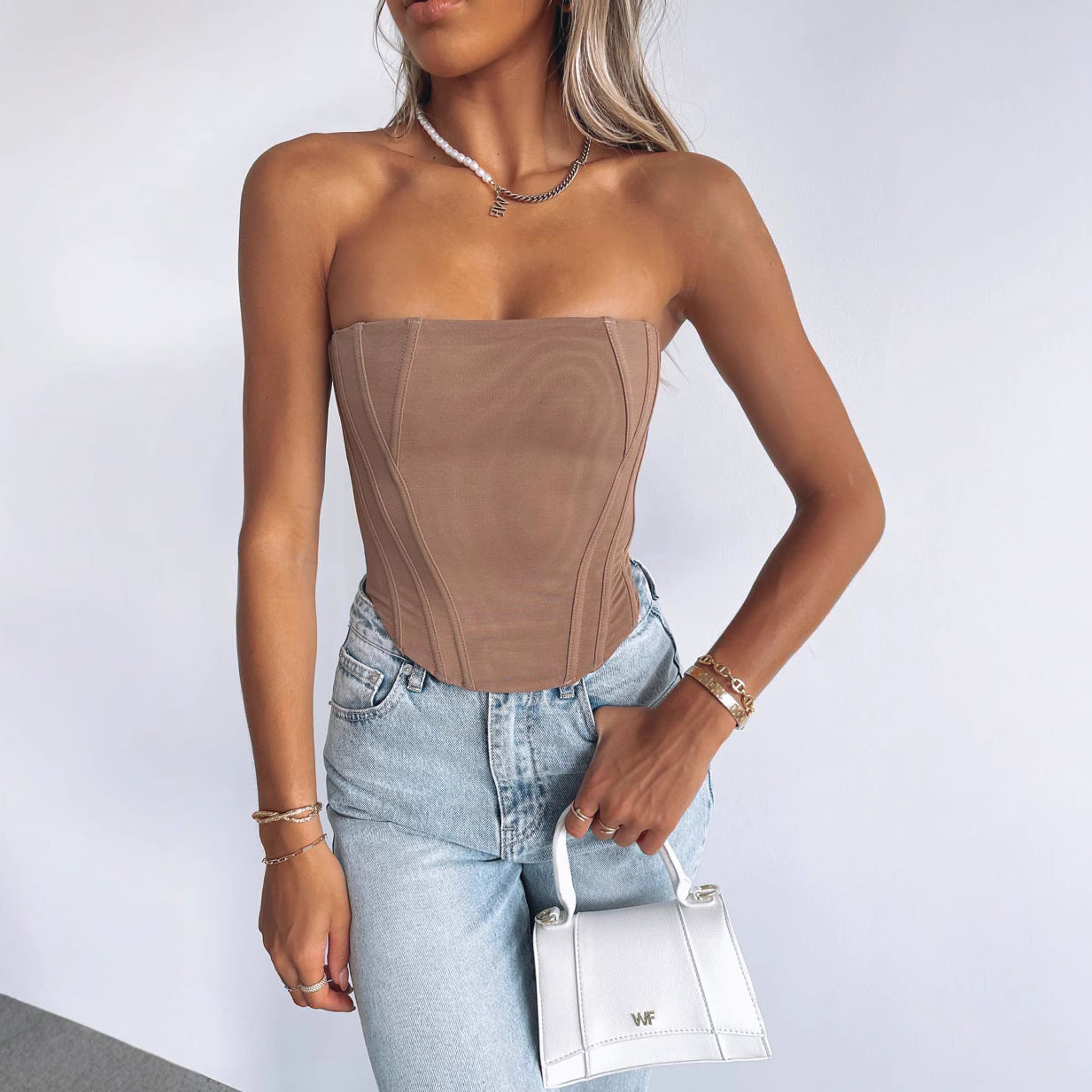 Women's Fishbone Summer Tube Strapless Solid Color Zipper Small Vest/suspenders/tube Top