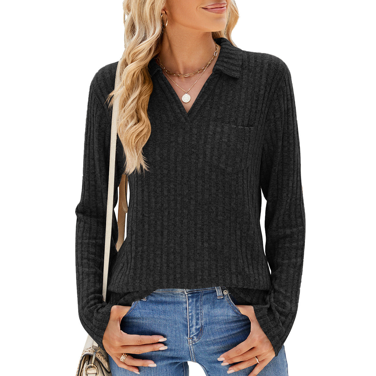 Women's Solid Color Polo Collar Pocket Long Sleeve Tops