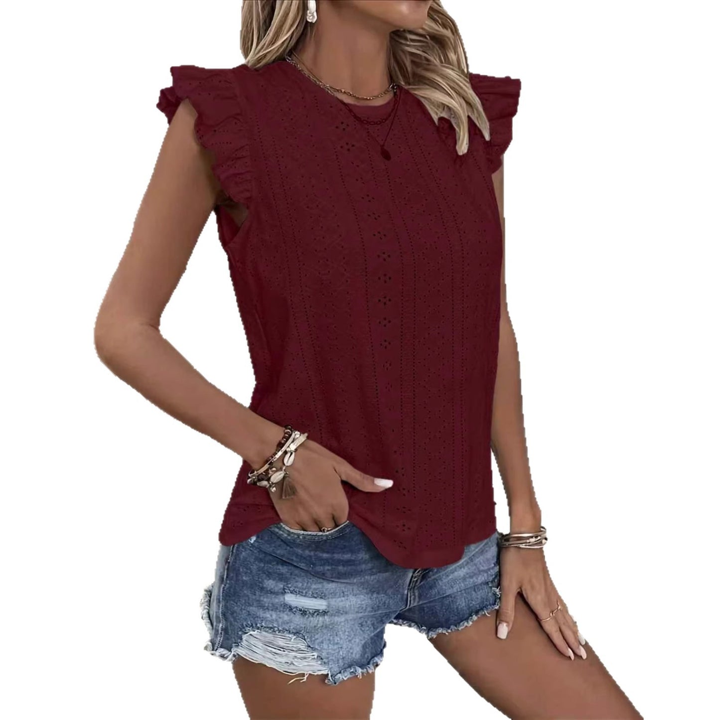 Women's Round Neck Ruffle Sleeve Slingback Solid Women's T-shirt
