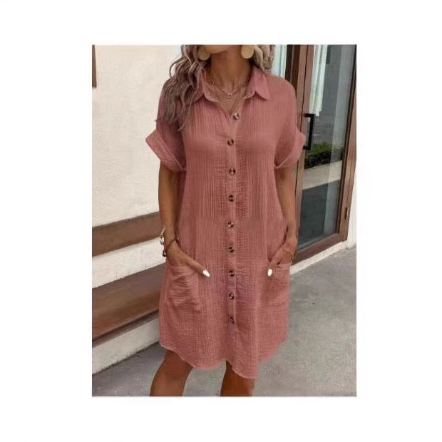 Women's Cotton Linen Breasted Mid-length Sleeve Loose Shirt Shorts
