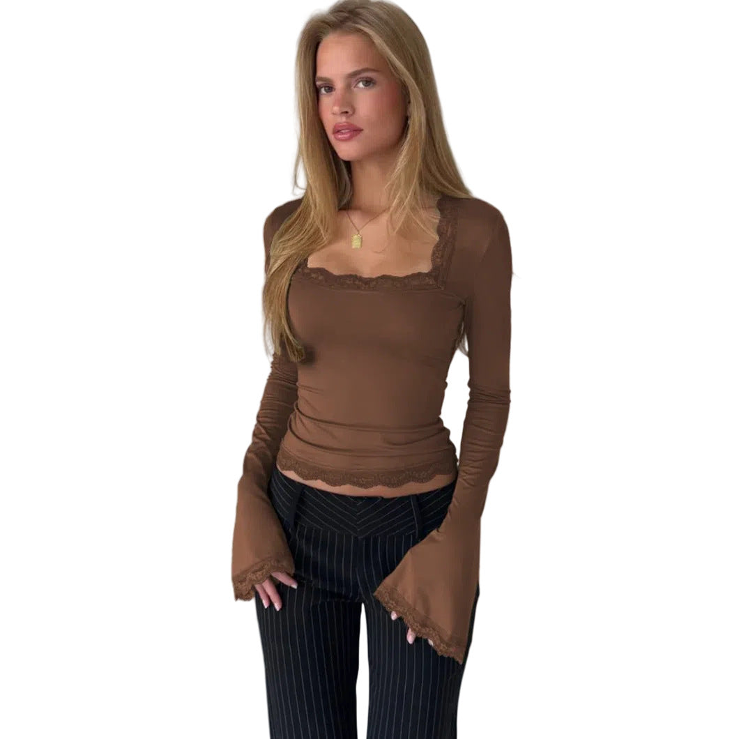 Sexy Long Sleeve Rib Fashion Chest Lace Shirt, Chiffon Shirt