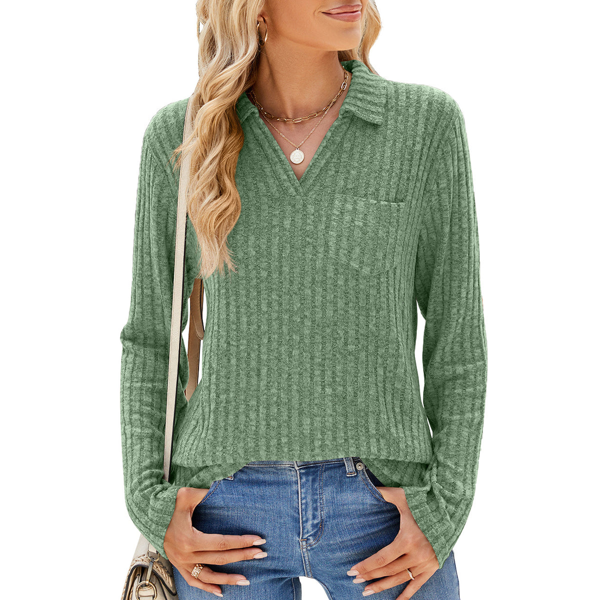 Women's Solid Color Polo Collar Pocket Long Sleeve Tops