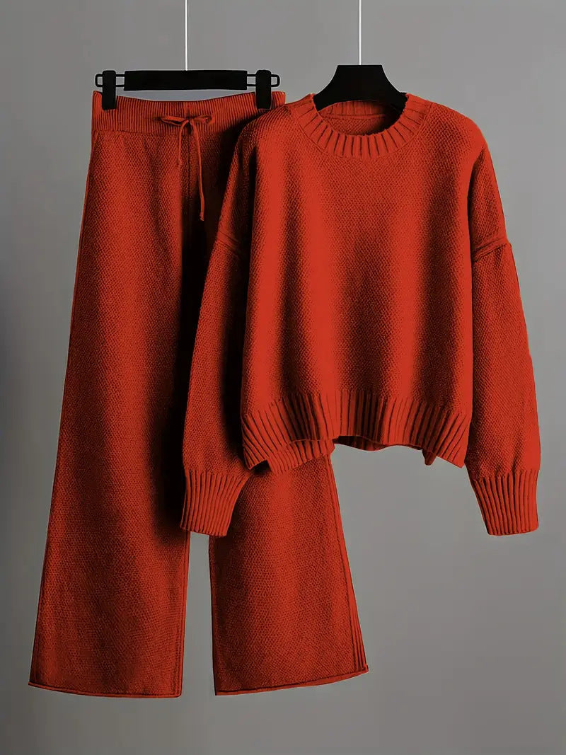 Women's Knitted Two-piece Crew Neck Pullover Straight Fashion Casual Suit