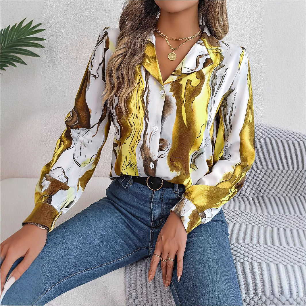 Women's Casual Contrast Color Striped Collar Long Lace Shirt, Chiffon Shirt