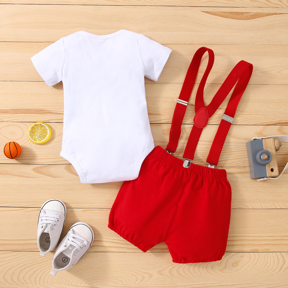 Boys Carrier Strap Short-sleeved Birthday Clothes Bow Print Romper Two-piece Jumpsuit, Climbing Suit