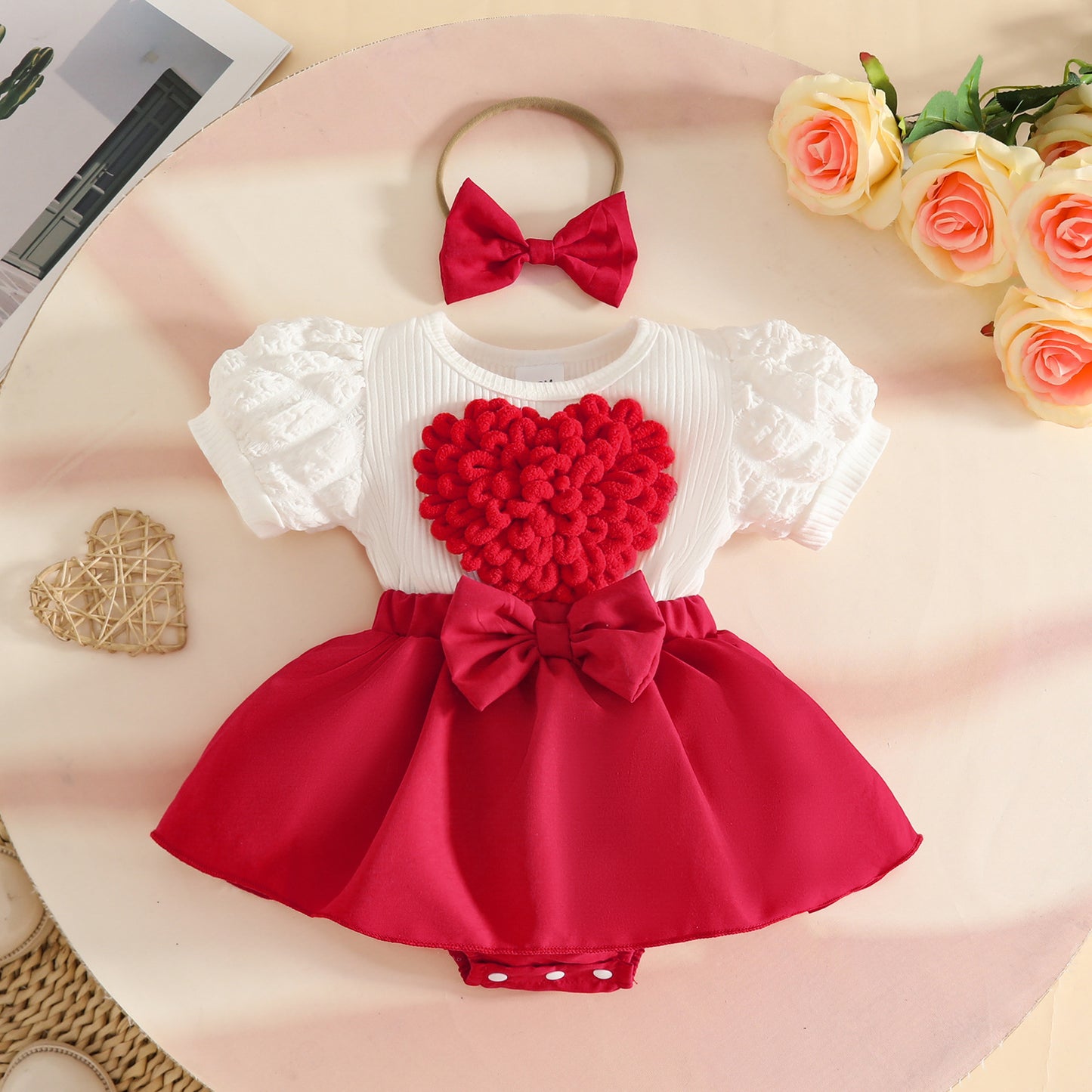 Sweet Three-dimensional Love Puff Sleeve Short-sleeved Summer Bow Jumpsuit With Children's Dress
