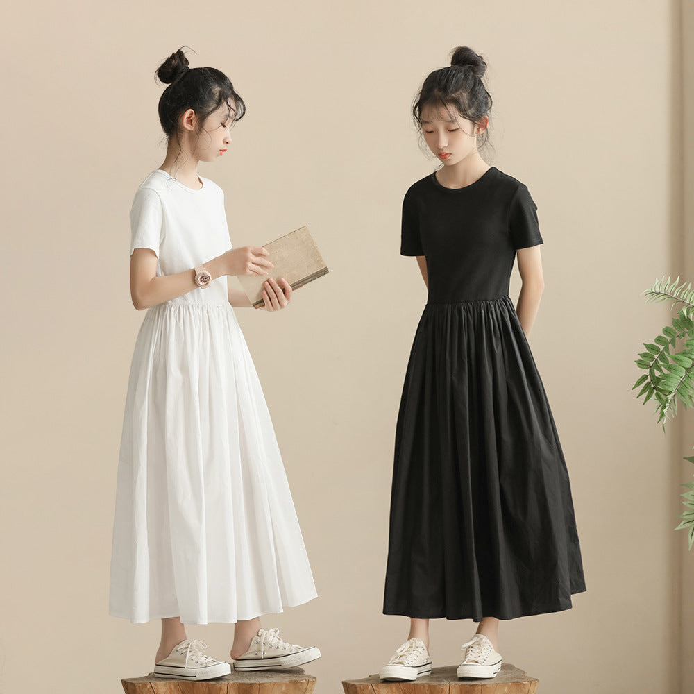 Little Black Medium Large Long Waist Trimming Short-sleeved Temperament Shirt Children's Dress