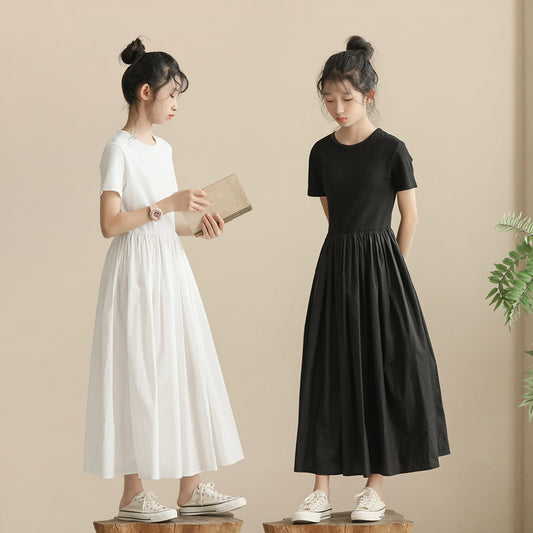 Little Black Medium Large Long Waist Trimming Short-sleeved Temperament Shirt Children's Dress