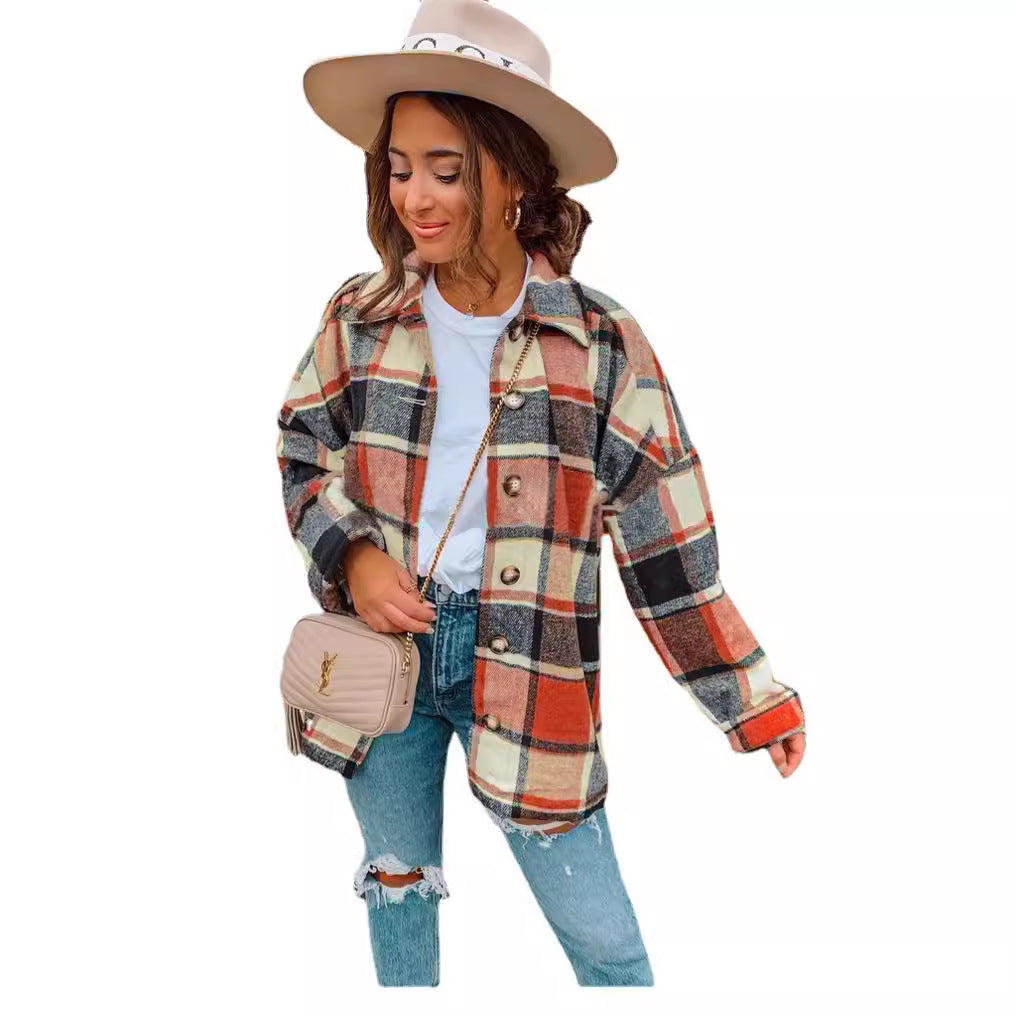 Women's Long Sleeve Lapel Loose Plaid Shirt Coats