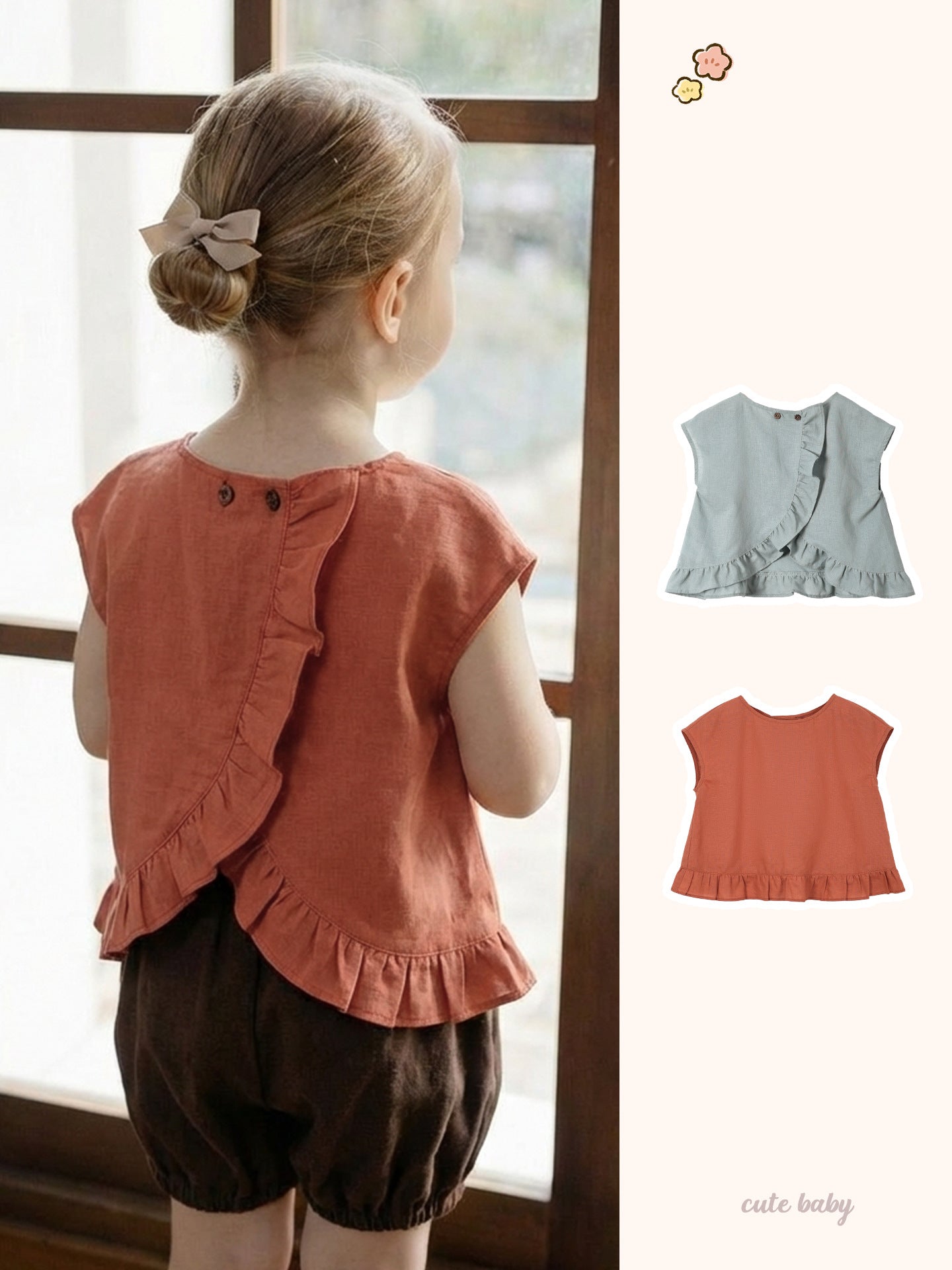 Ruffle Top Summer Loose Short Sleeve Double Buckle Placket Children's T-shirt