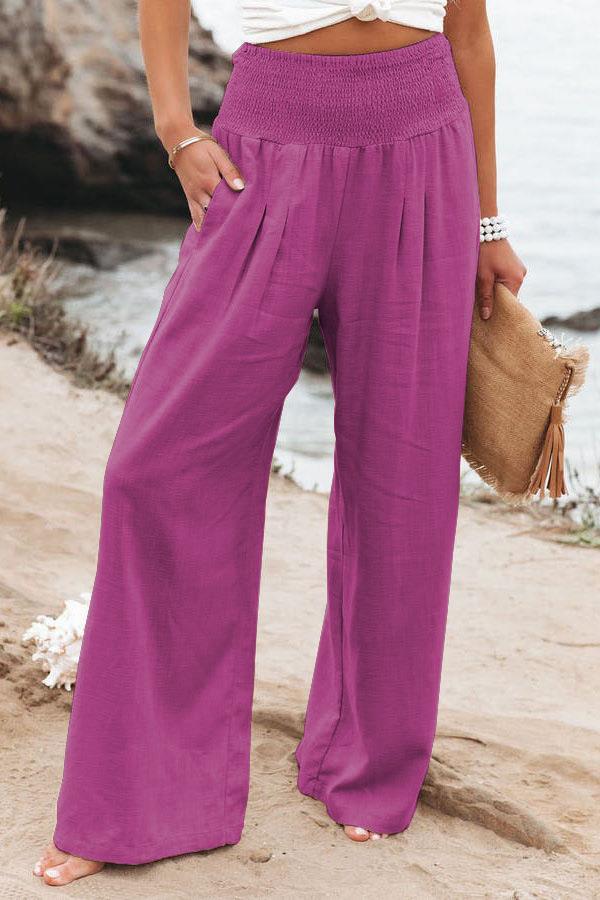 Women's Cotton Linen Pure Color Elastic Waist Wide Leg Casual Pants