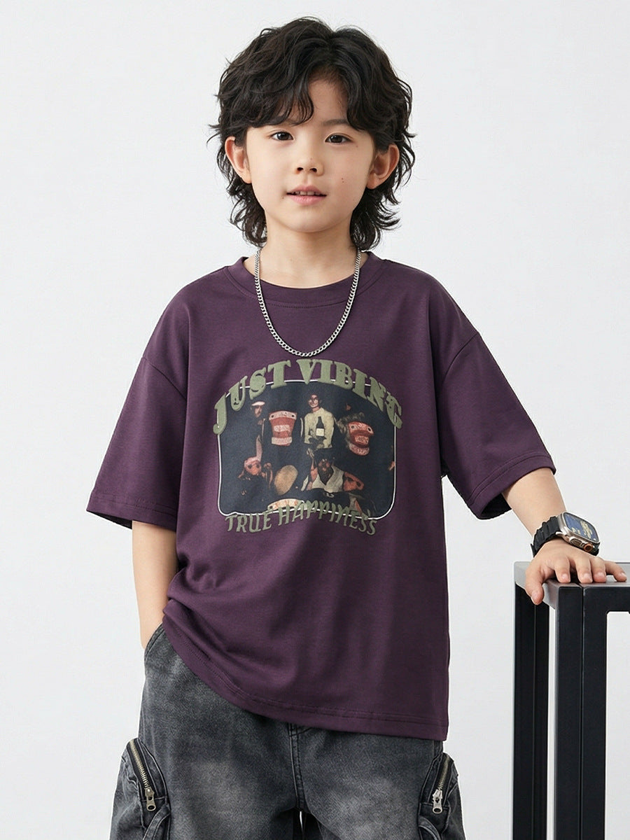 Children's Boys Middle Big American Retro Cotton Short-sleeved Children's T-shirt