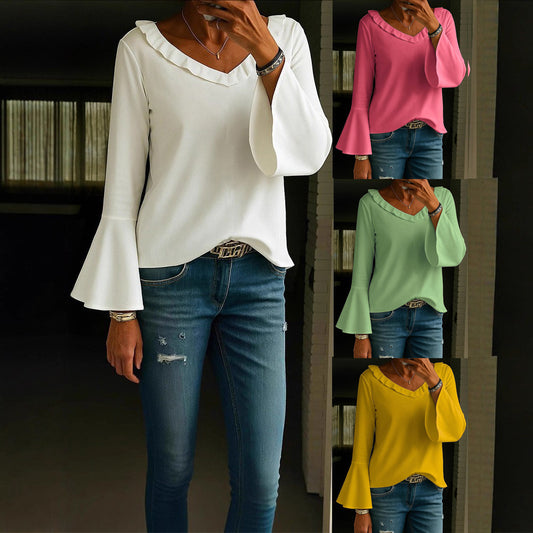 Women's Casual Solid Color Long Sleeve Flared Women's T-shirt