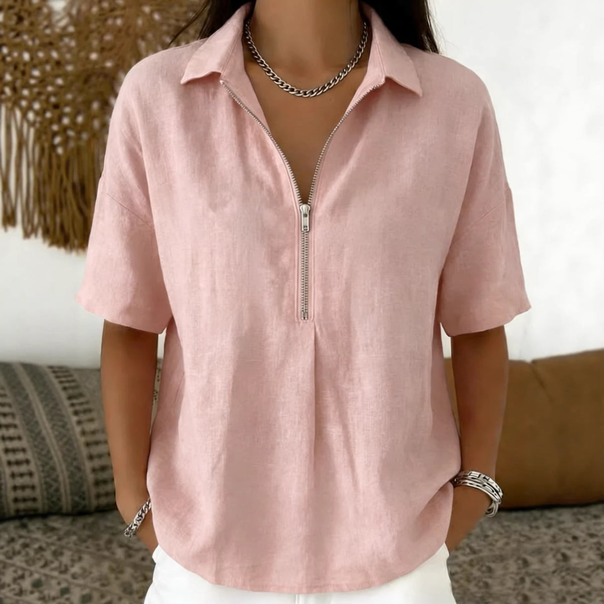 Women's Summer Shirt Fashion Solid Color Zipper Women's T-shirt