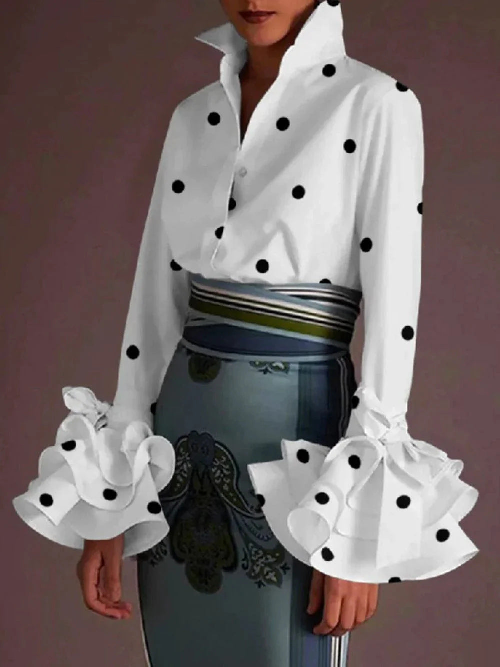Women's Spring Fashionable Ruffle Cuff Lace Up Casual Blouse