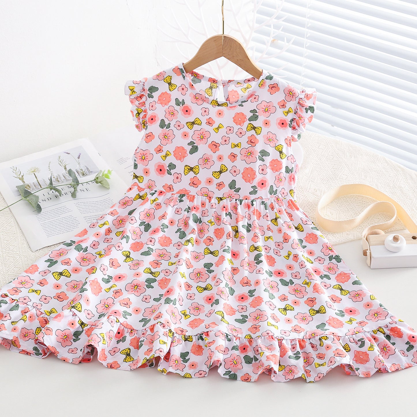Fresh Flounced Sleeve Floral Cotton Summer Thin Cool Children's Dress