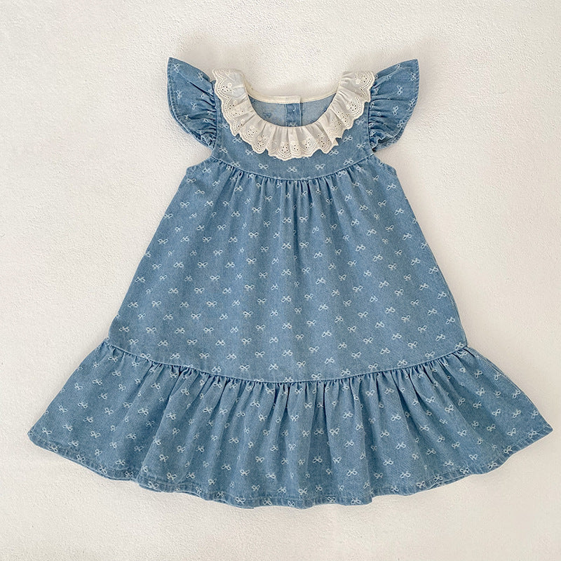 Summer Denim Bow Print Vest Crawling Suit Children's Dress