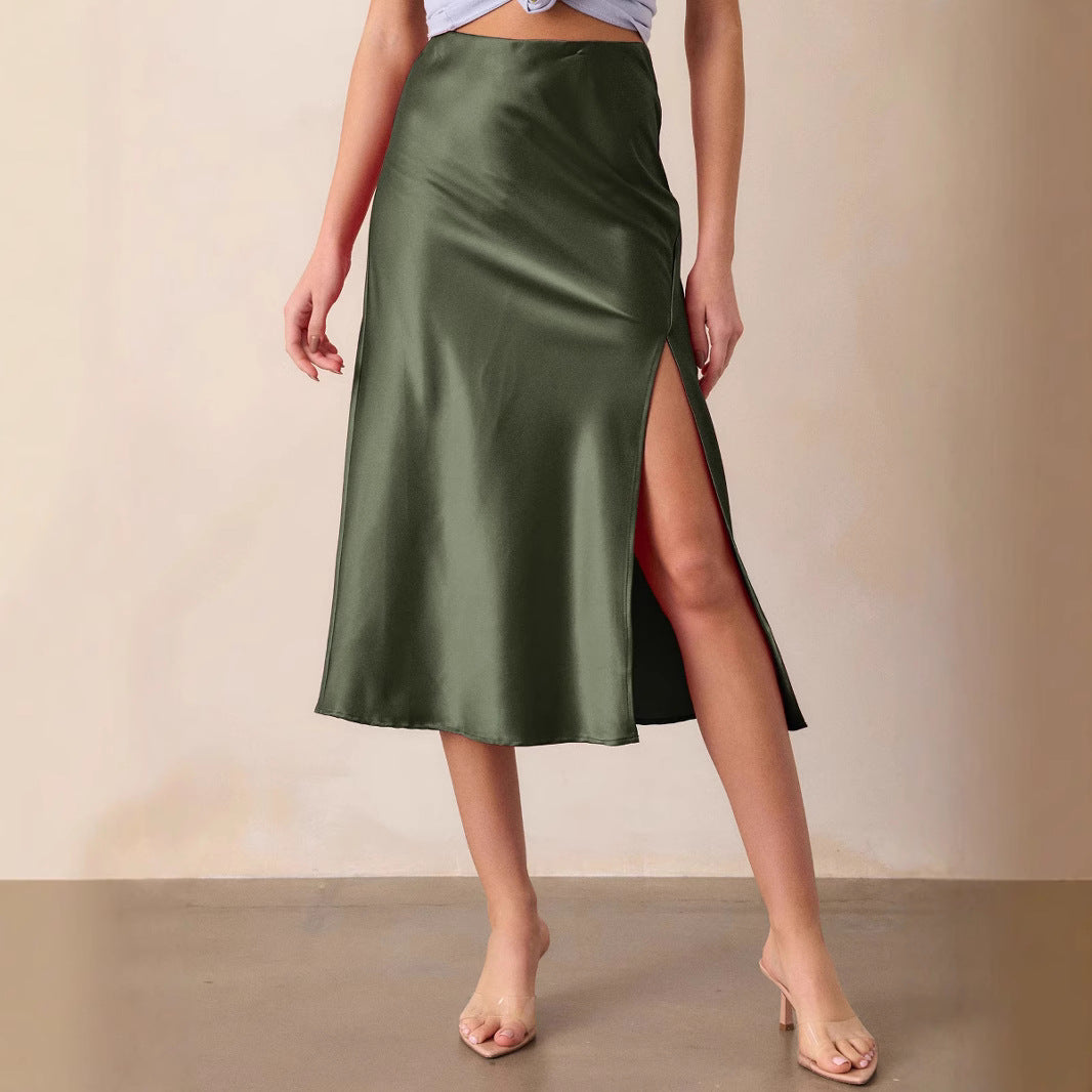 Women's Satin High Waist Elastic Oblique Slit Long Skirt