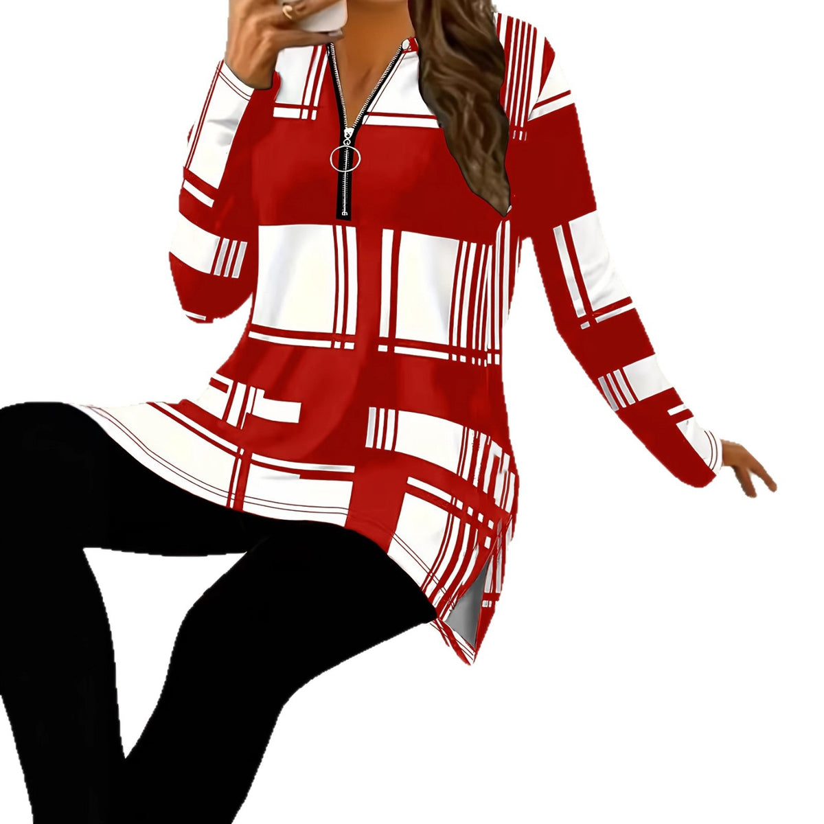 Women's Elegant Color Block Long Sleeve Zipper Shirt Digital Large Size T-shirt