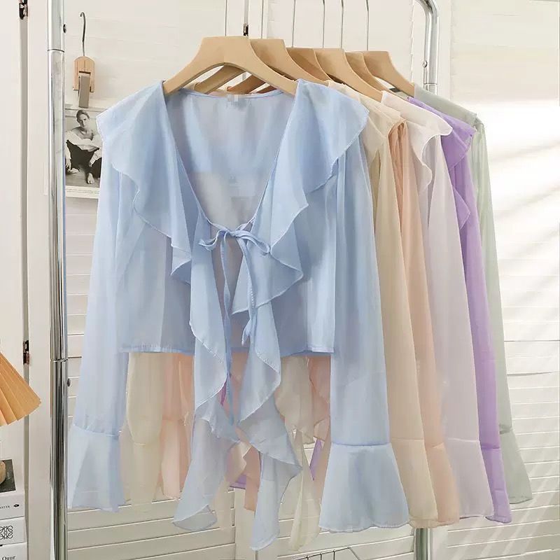 Women's Ruffled Sun Protection Fat Summer Long Lace Shirt, Chiffon Shirt
