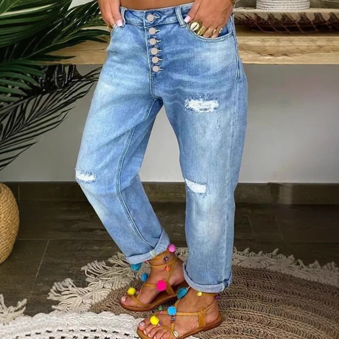 Women's Blue With Holes Loose Washed-out Straight Jeans