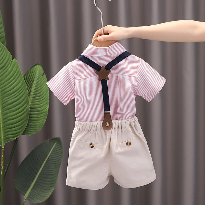 Children's Small Older Short Sleeve Summer Vertical Bar Bow Children's Suit
