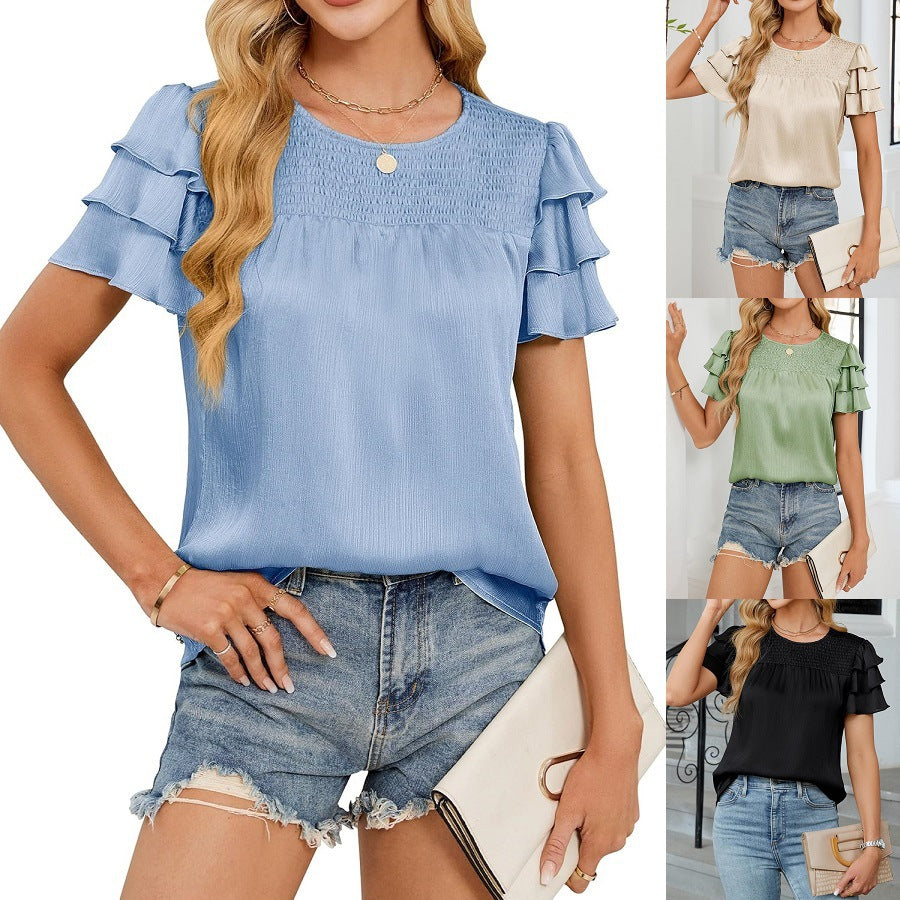 Women's Satin Smocking Short-sleeved Round Neck Shirt Tops