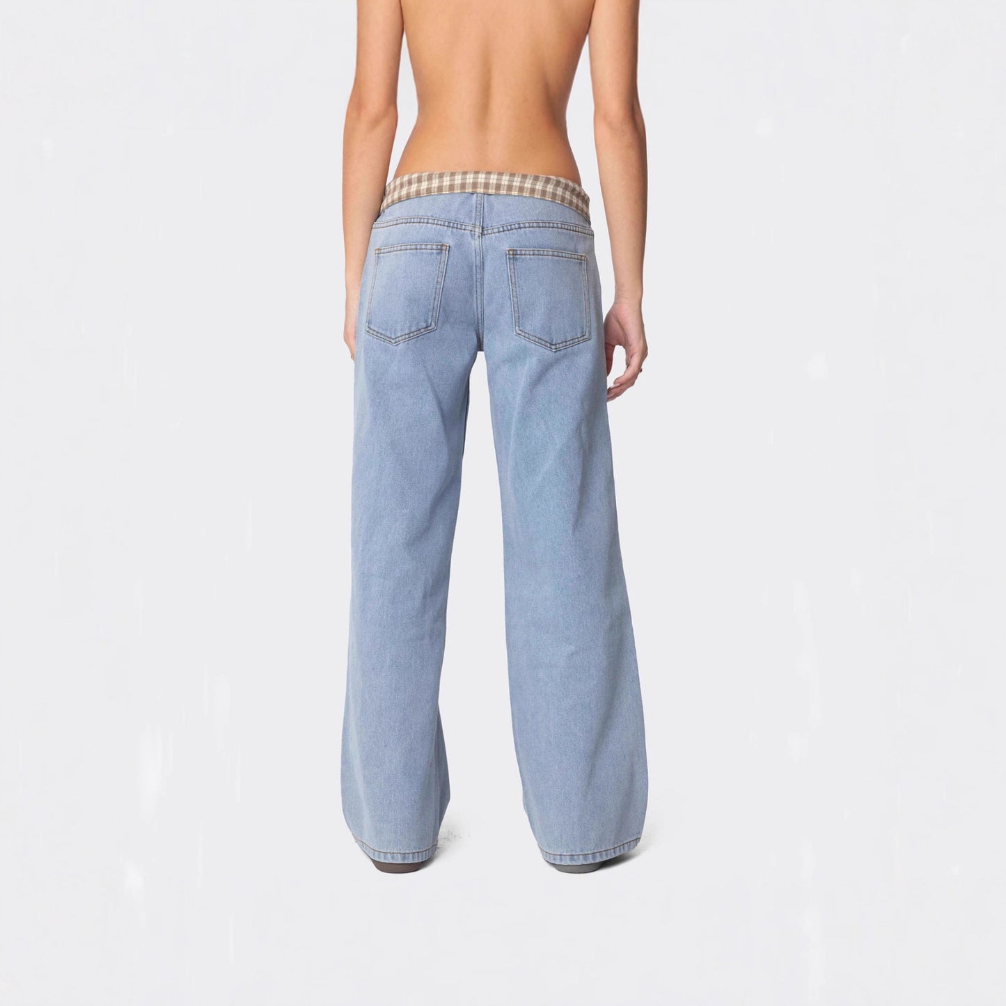 Women's Checked Cloth Color Loose Casual Denim Trousers Pants