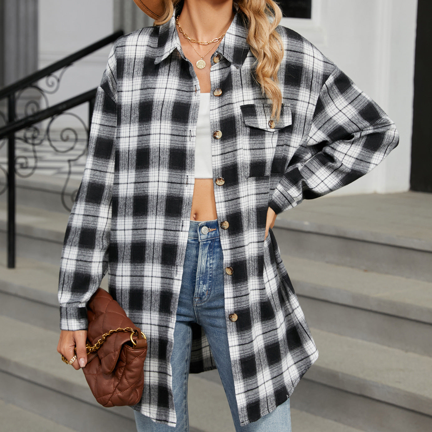 Style Plaid Shirt Brushed Long Sleeve Blouse