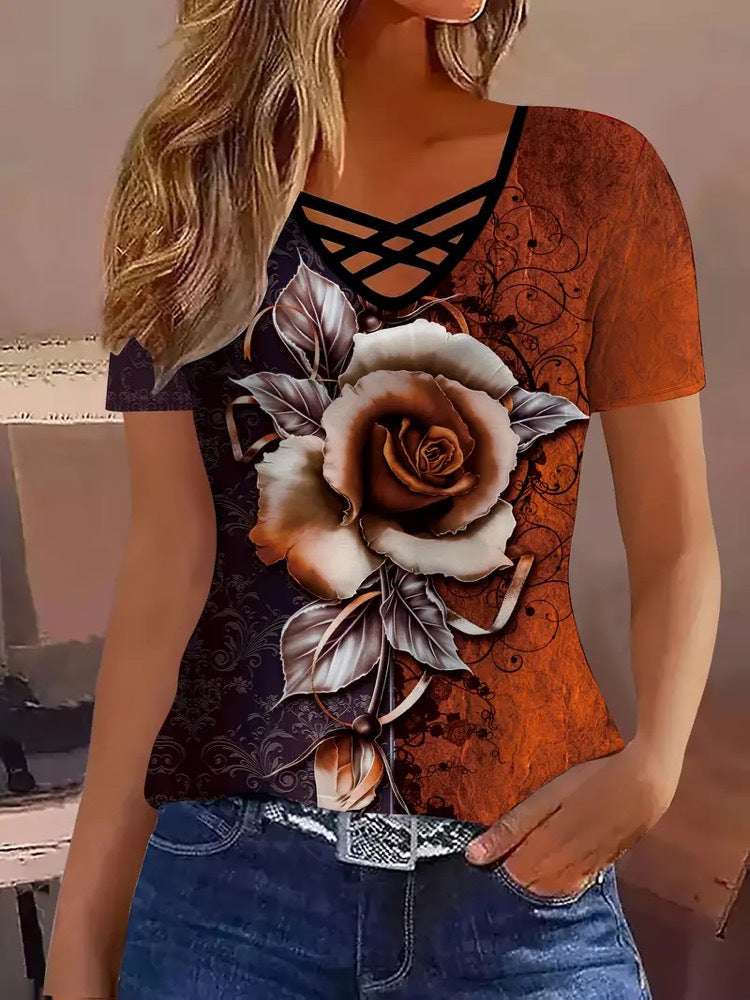 Women's Cross Striped Elegant Casual Short-sleeved Women's T-shirt